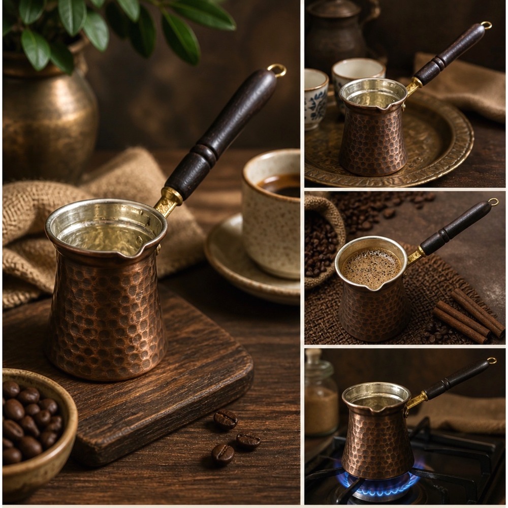 Demmex Turkish Coffee Pot Hand Hammered Copper Cezve Ibrik Wood Handle Turkey